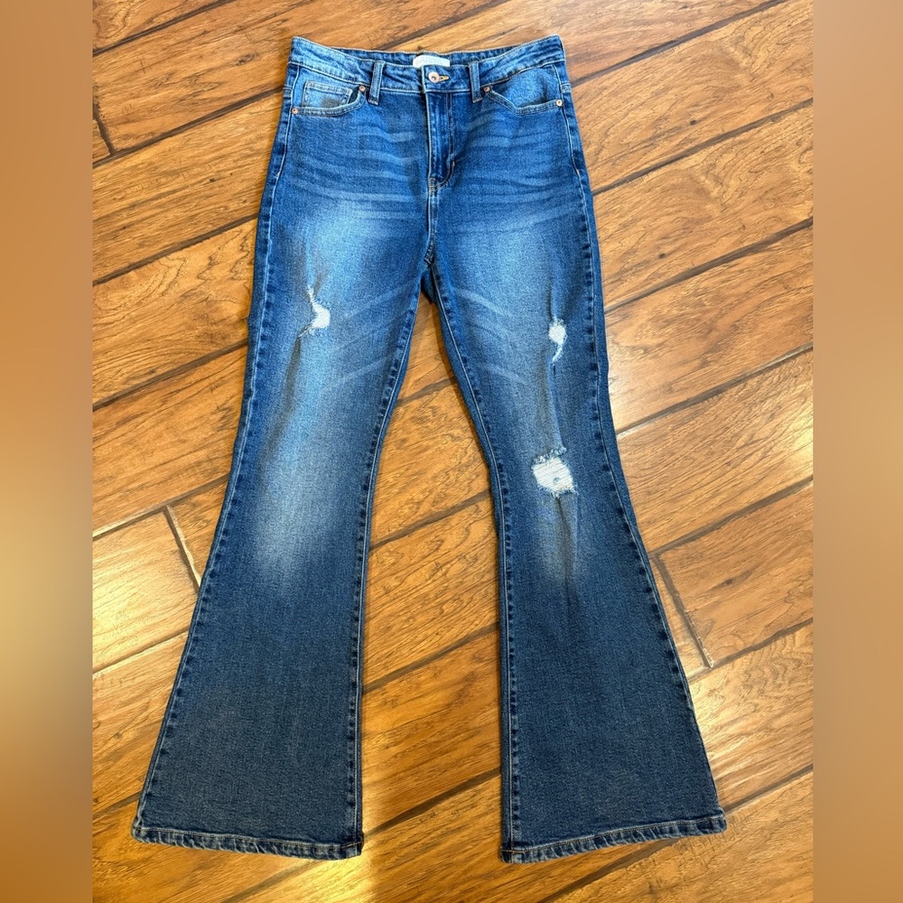 Ariya Flare Jeans womens 7/28 blue distressed western stretch measure 30x30.5